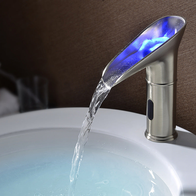 HMR - LED Single Hole Touchless Bathroom Sink Waterfall Faucet in Brushed Nickel