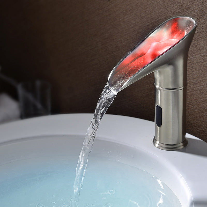 HMR - LED Single Hole Touchless Bathroom Sink Waterfall Faucet in Brushed Nickel