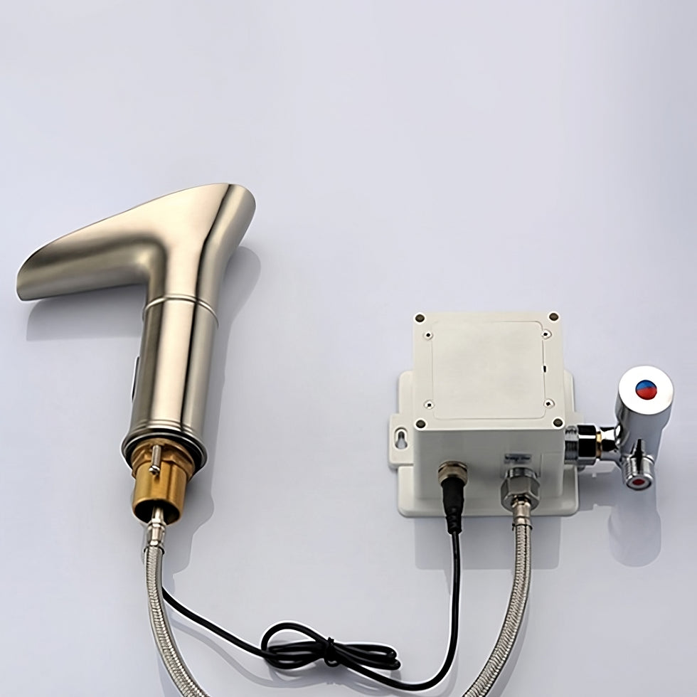 HMR - LED Single Hole Touchless Bathroom Sink Waterfall Faucet in Brushed Nickel