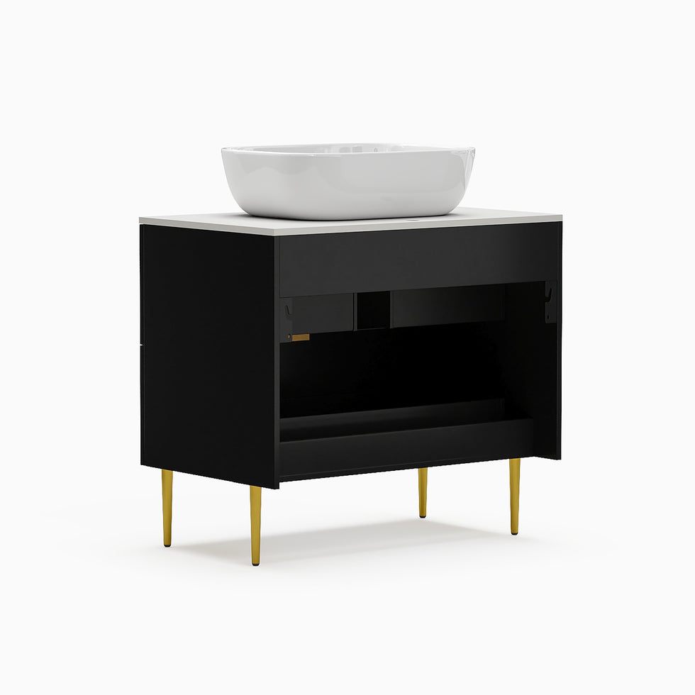 HMR - 31.5'' Black Single Fluted Bathroom Vanity with Vessel Sink and 2 Drawers