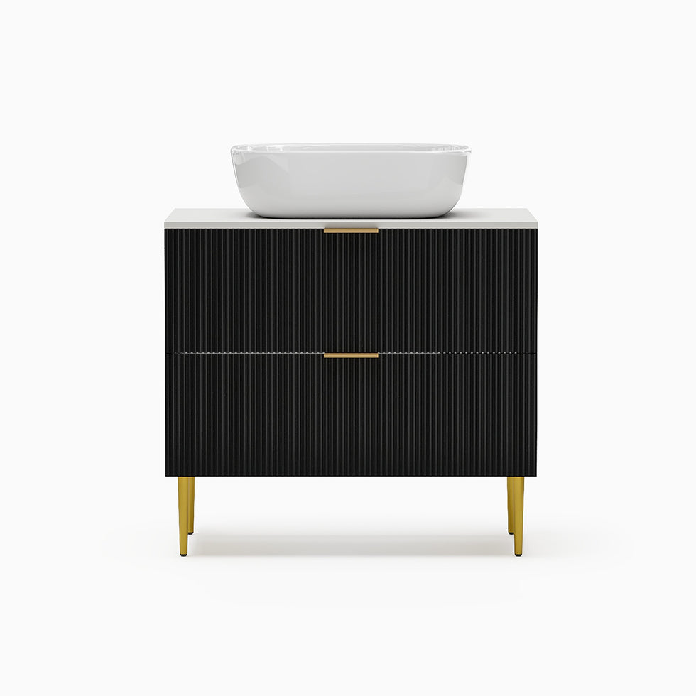HMR - 31.5'' Black Single Fluted Bathroom Vanity with Vessel Sink and 2 Drawers