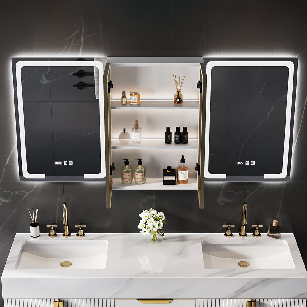HMR - 59" LED Lighted Medicine Cabinet Wooden Wall-mounted Bathroom Mirror with Doors