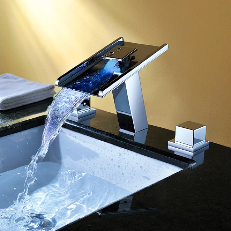 HMR - Modern 1-Hole Waterfall Bathroom Sink Faucet in Chrome Brass with LED Light