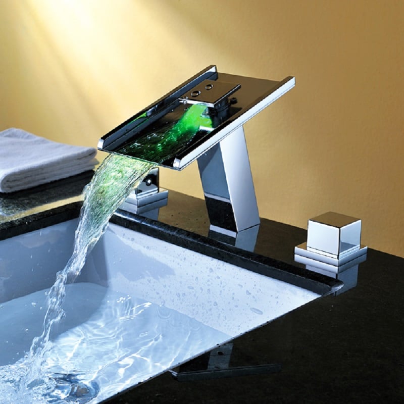 HMR - Modern 1-Hole Waterfall Bathroom Sink Faucet in Chrome Brass with LED Light