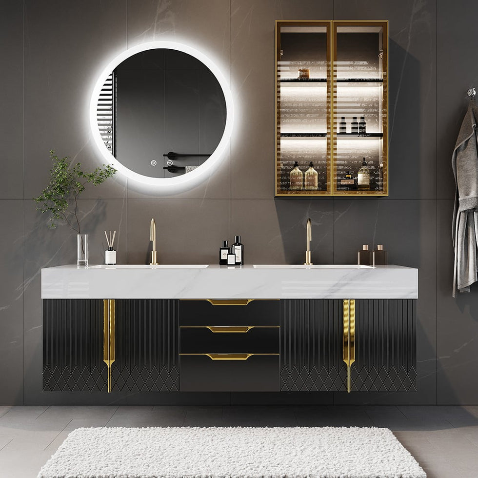 HMR - Aro Freestanding Single Sink Bathroom Vanity Drawers Doors Faux Marble Top