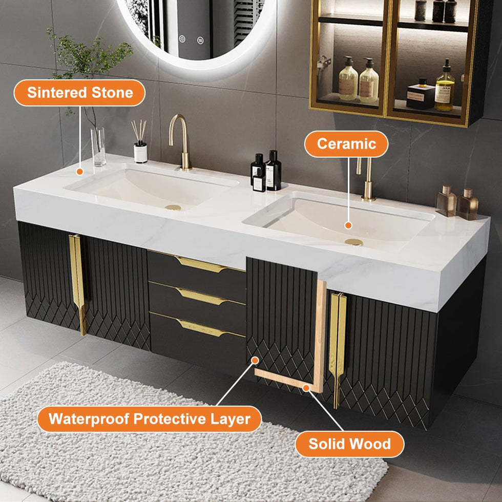 HMR - Aro Freestanding Single Sink Bathroom Vanity Drawers Doors Faux Marble Top