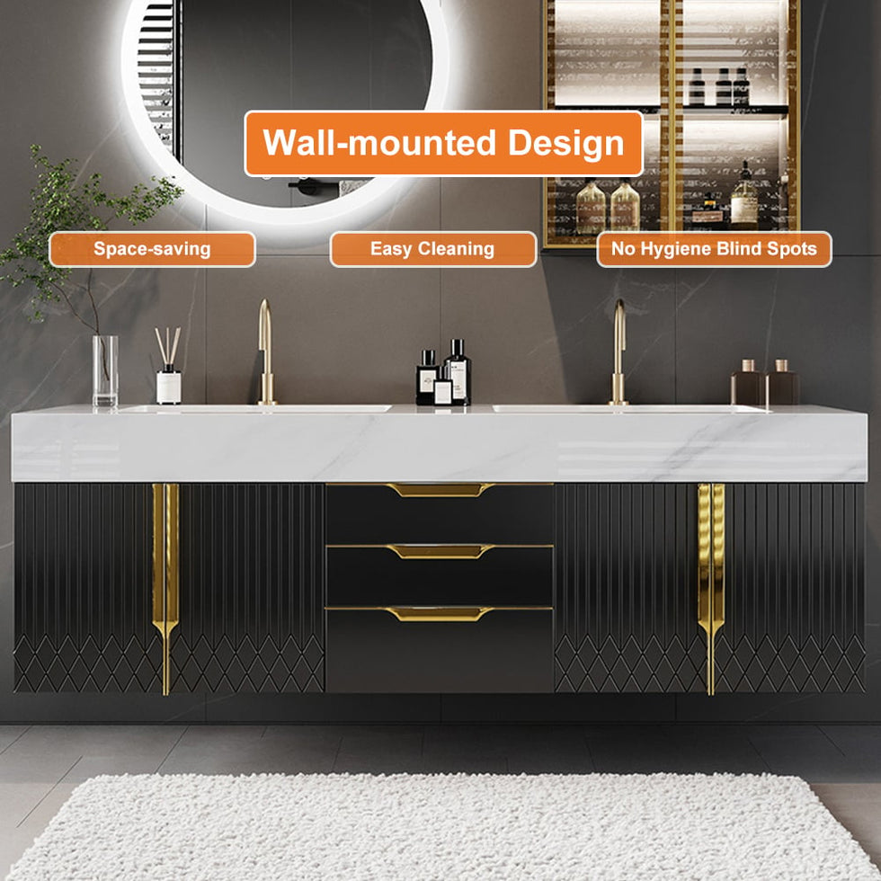 HMR - Aro Freestanding Single Sink Bathroom Vanity Drawers Doors Faux Marble Top