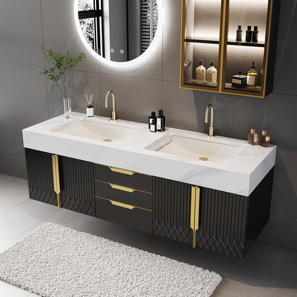HMR - Aro Freestanding Single Sink Bathroom Vanity Drawers Doors Faux Marble Top
