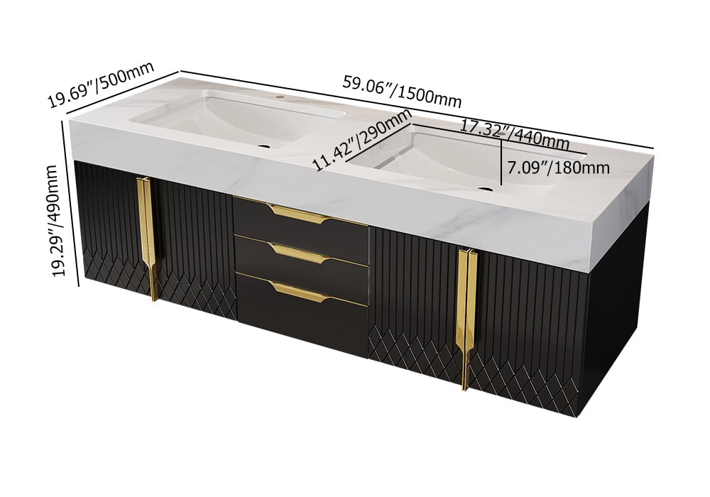 HMR - Aro Freestanding Single Sink Bathroom Vanity Drawers Doors Faux Marble Top