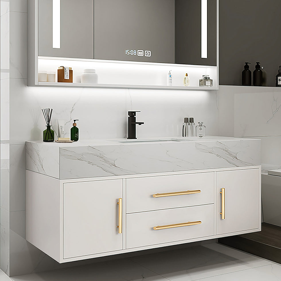 HMR - 39" Modern Floating Stone Top Bathroom Vanity Set with Sink