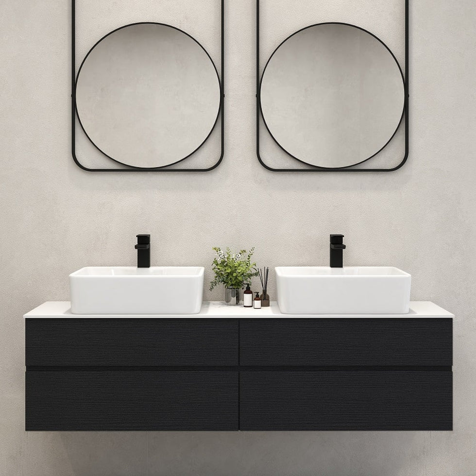 HMR - Modern Floating Bathroom Vanity Set with Faux Marble Top & Double Ceramic with Vessel Sink
