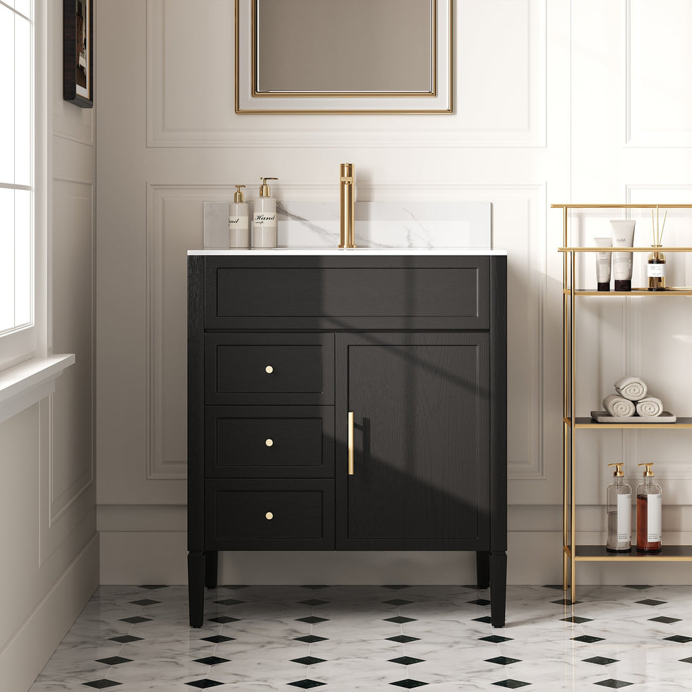 HMR - Bathroom Vanity Set 29.9'' Modern Freestanding Sintered Stone Bathroom Black with Sink
