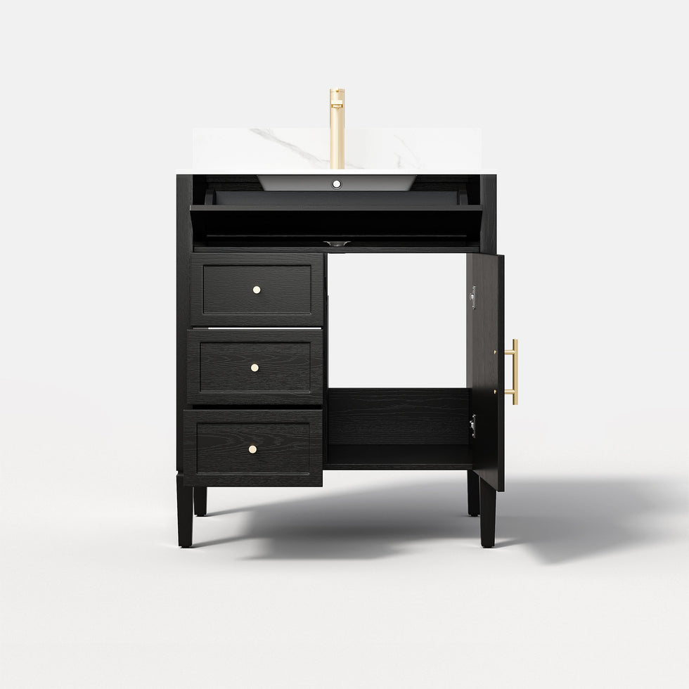 HMR - Bathroom Vanity Set 29.9'' Modern Freestanding Sintered Stone Bathroom Black with Sink