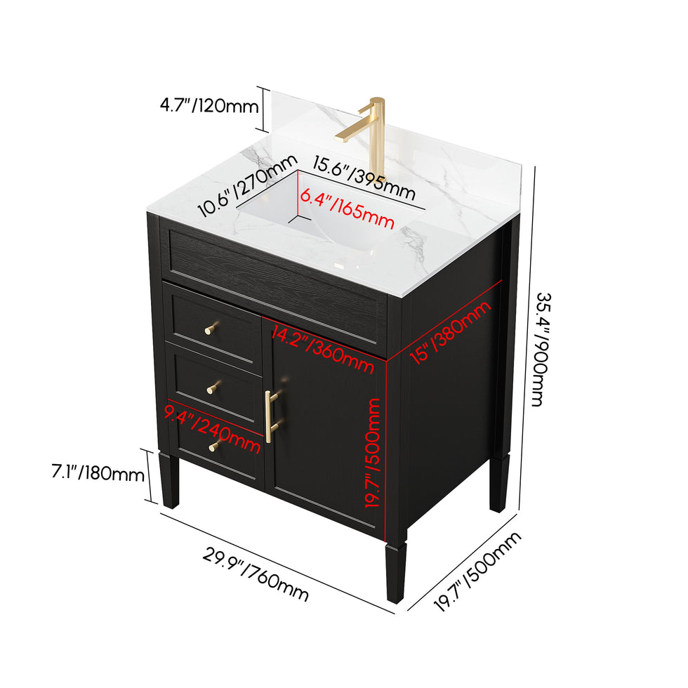 HMR - Bathroom Vanity Set 29.9'' Modern Freestanding Sintered Stone Bathroom Black with Sink