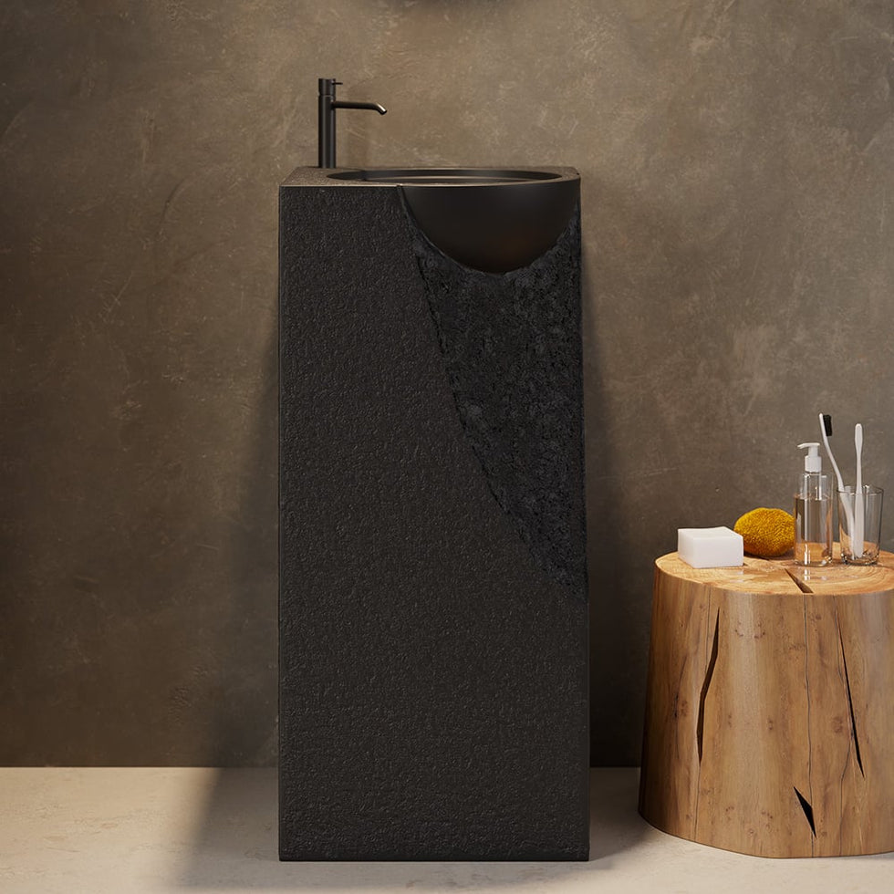 HMR - 34" Tall Japandi Stone Resin Pedestal Bathroom Sink Farmhouse Freestanding Sink