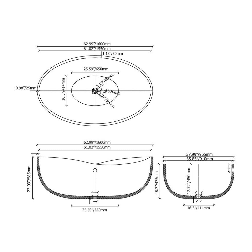 HMR - 63" Industrial Oval Freestanding Cement Soaking Bathtub
