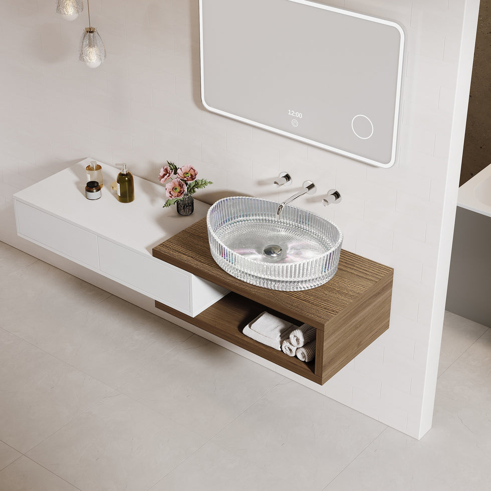 HMR - 25" Crystal Glass Vessel Sink Oval Transparent Fluted Washbasin