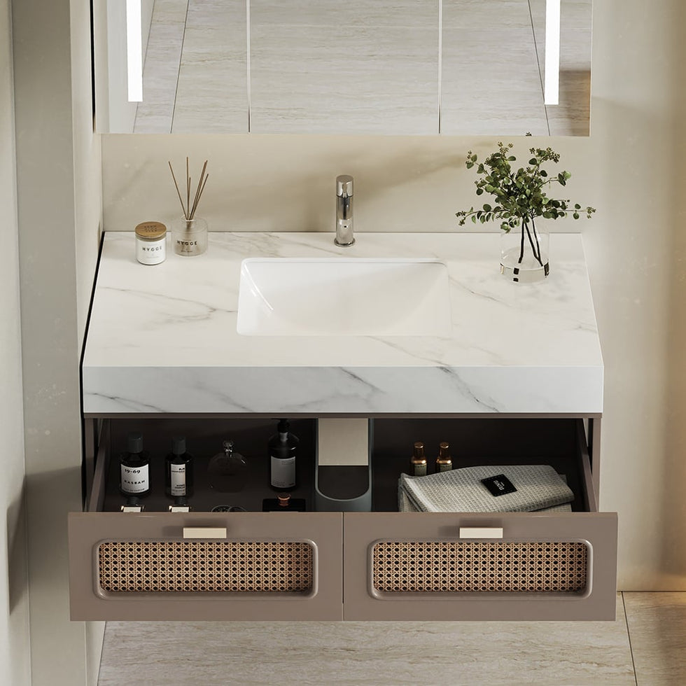 HMR - 35" Floating Single Bathroom Vanity with Faux Marble Top Rattan Door
