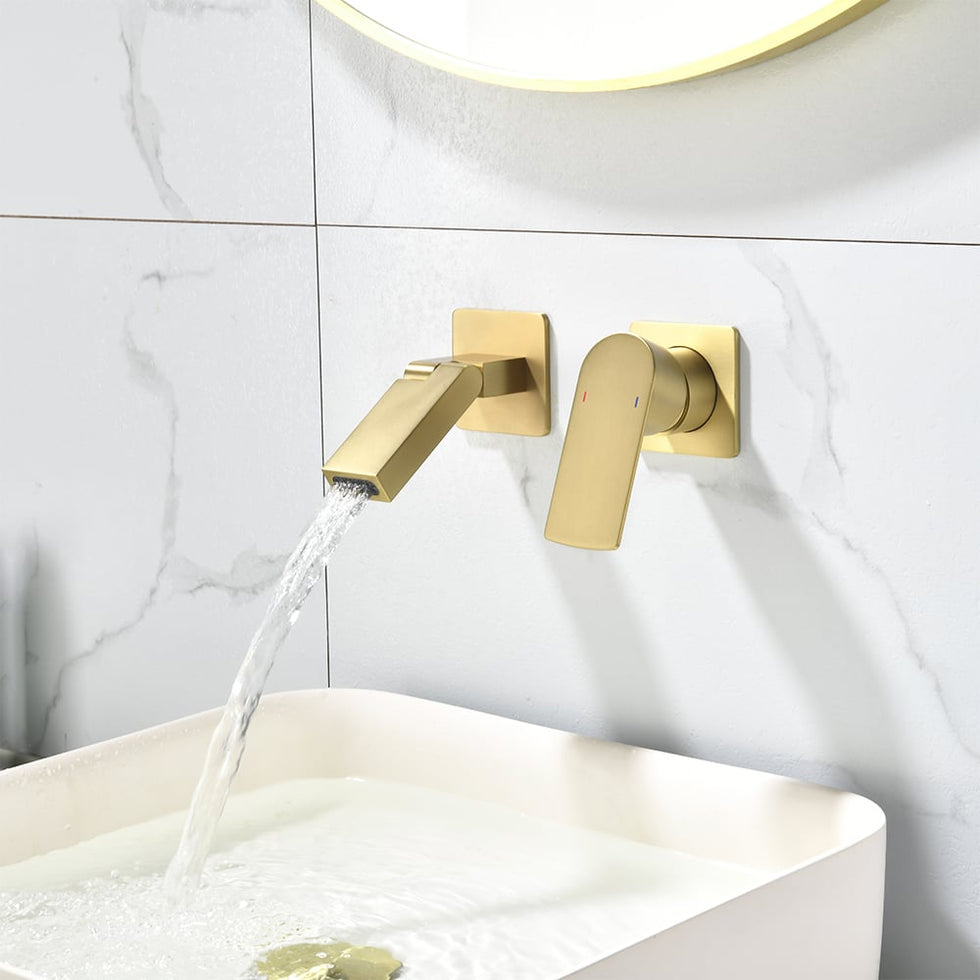 HMR - Brushed Gold Waterfall Bathroom Sink Faucet with Swirling Spout Wall-Mounted Solid Brass