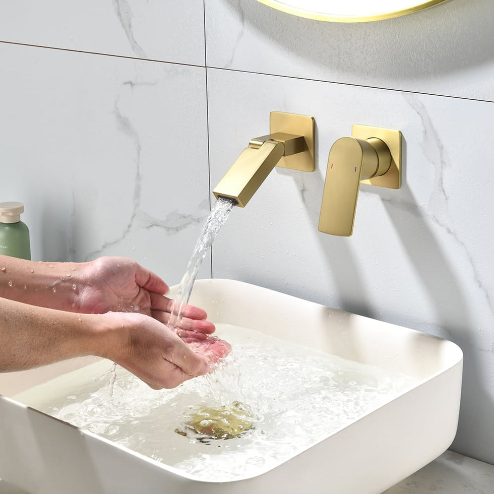 HMR - Brushed Gold Waterfall Bathroom Sink Faucet with Swirling Spout Wall-Mounted Solid Brass