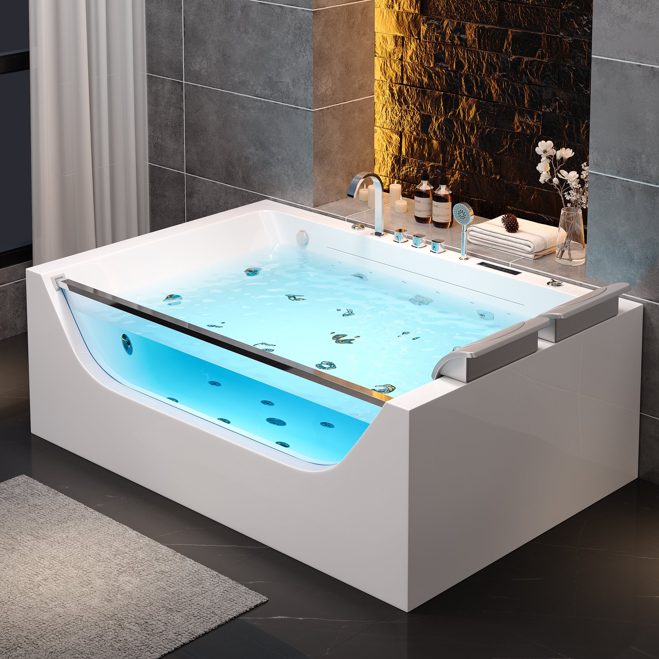 HMR - 70.8" Modern Rectangular Acrylic Massage Bathtub with Thermostat Control