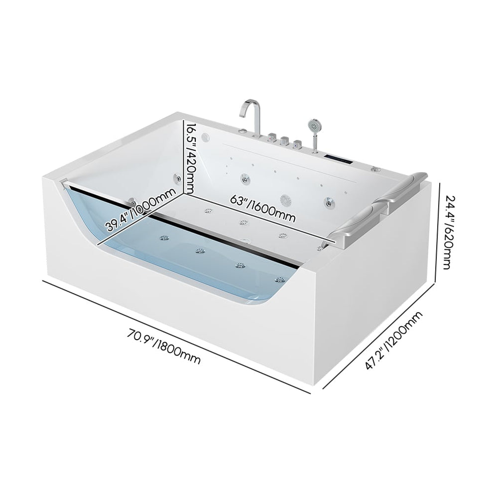 HMR - 70.8" Modern Rectangular Acrylic Massage Bathtub with Thermostat Control
