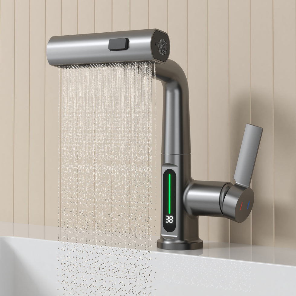 HMR - LED Digital Display Pull-Out Bathroom Faucet with Pull Out Sprayer