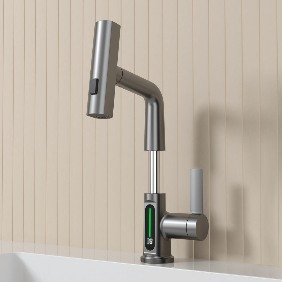 HMR - LED Digital Display Pull-Out Bathroom Faucet with Pull Out Sprayer