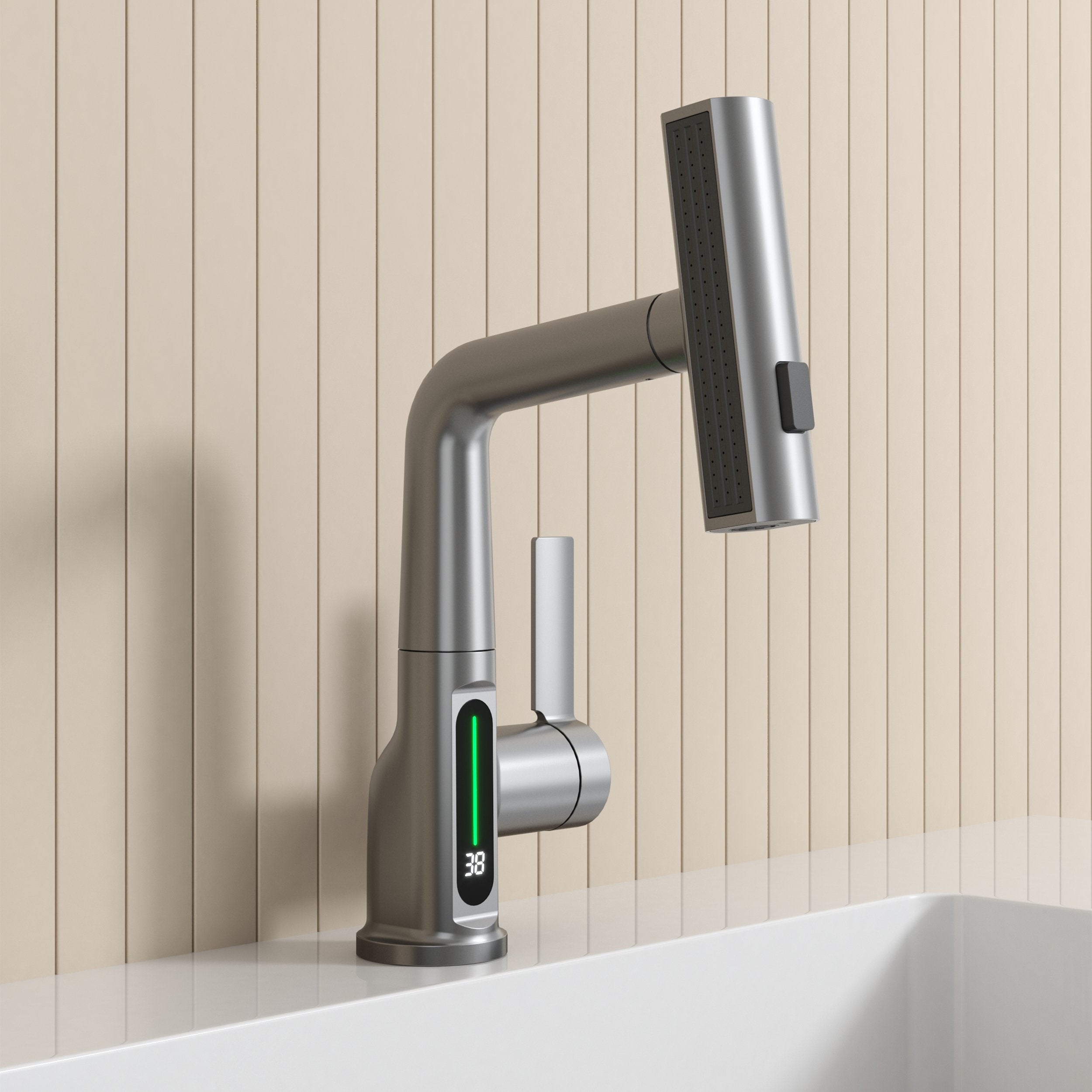 HMR - LED Digital Display Pull-Out Bathroom Faucet with Pull Out Sprayer