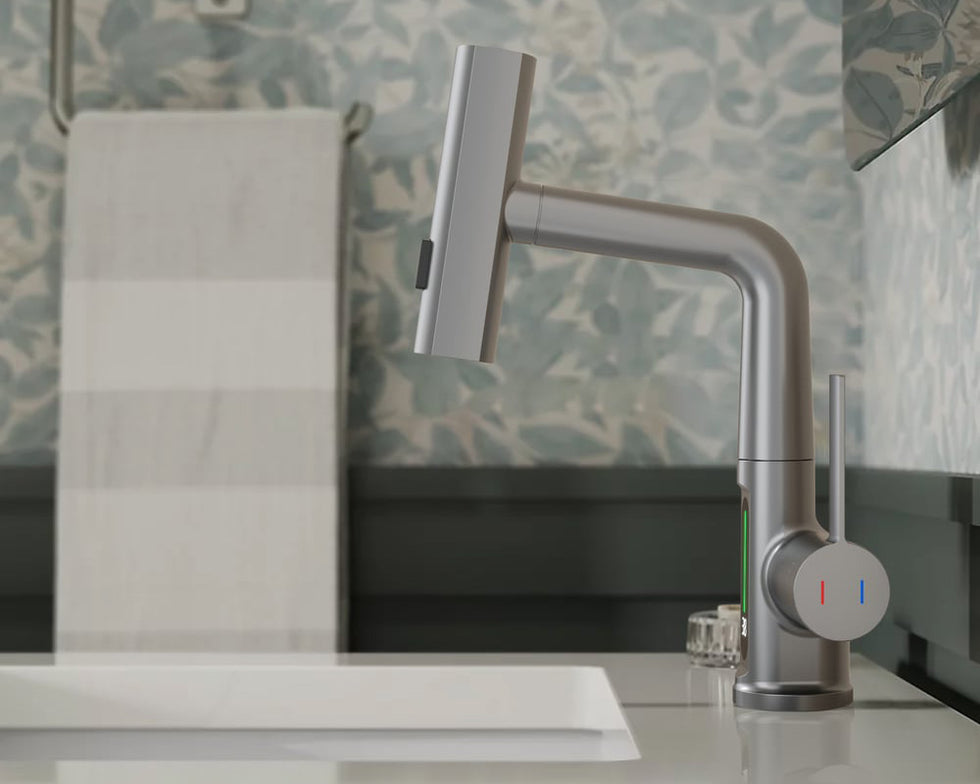 HMR - LED Digital Display Pull-Out Bathroom Faucet with Pull Out Sprayer
