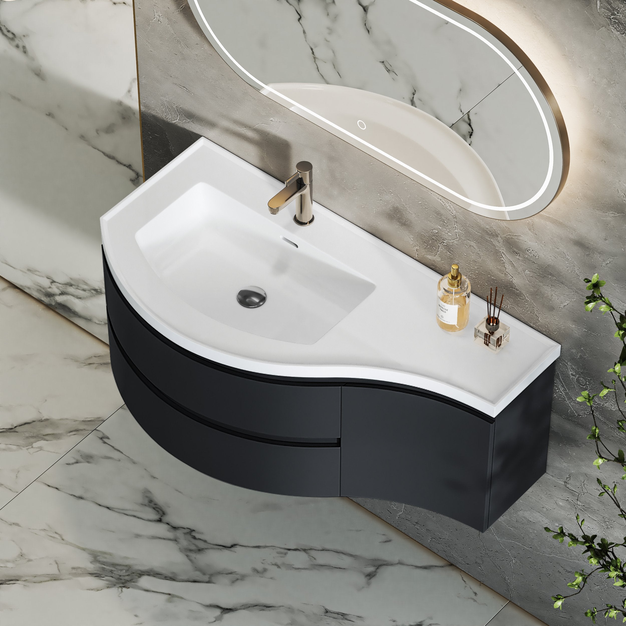 HMR - 35" Floating Curved Bathroom Vanity Half-Circle Bathroom Cabinet