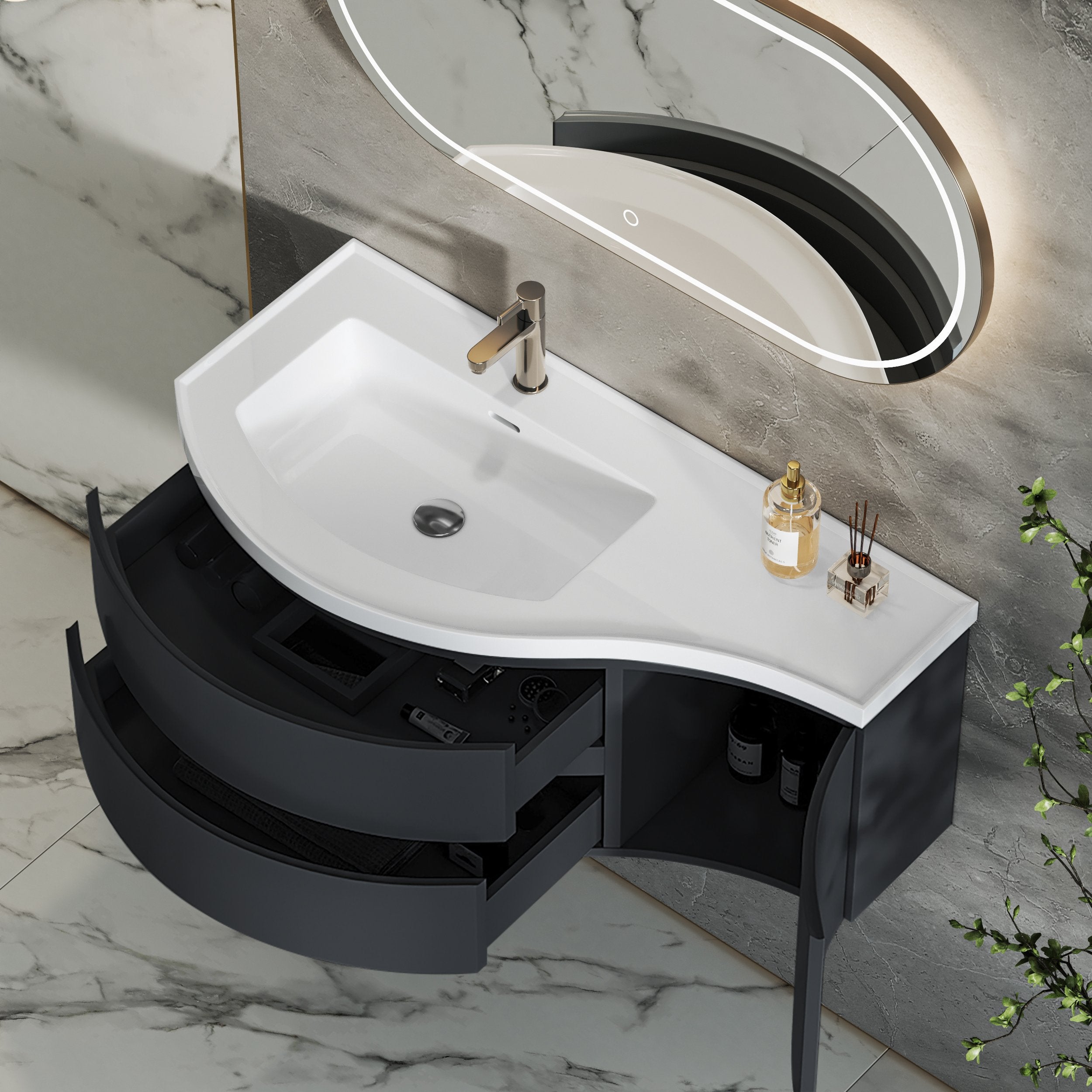 HMR - 35" Floating Curved Bathroom Vanity Half-Circle Bathroom Cabinet