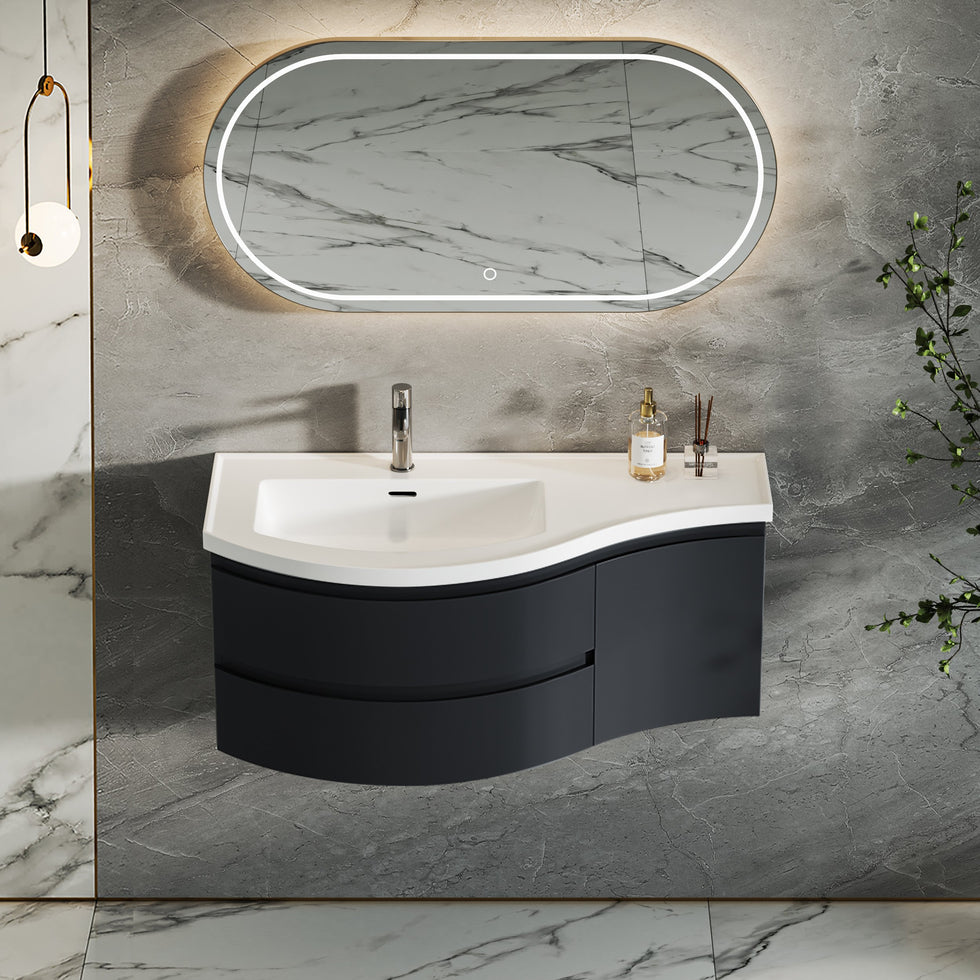 HMR - 35" Floating Curved Bathroom Vanity Half-Circle Bathroom Cabinet