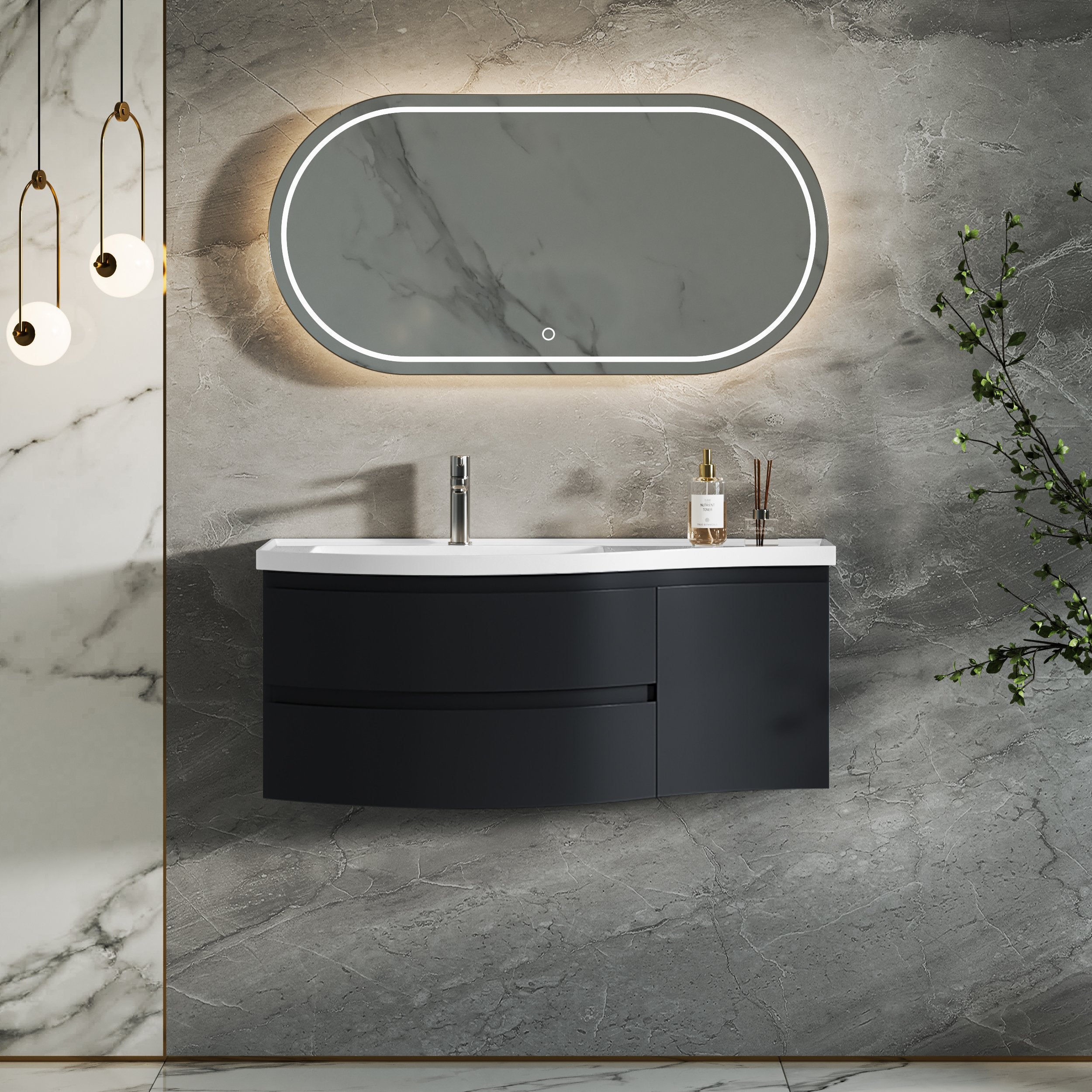 HMR - 35" Floating Curved Bathroom Vanity Half-Circle Bathroom Cabinet