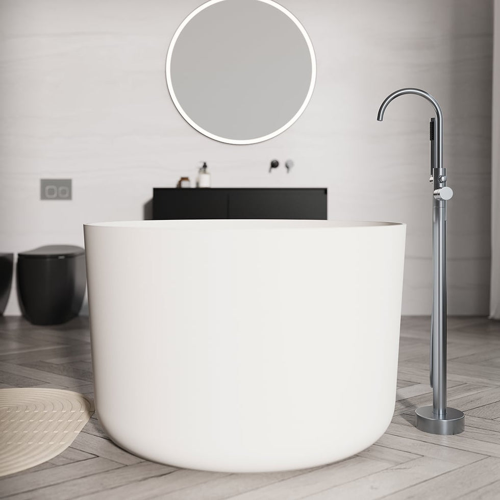 HMR - 41" Japanese Modern Round Freestanding Stone Soaking Bathtub White