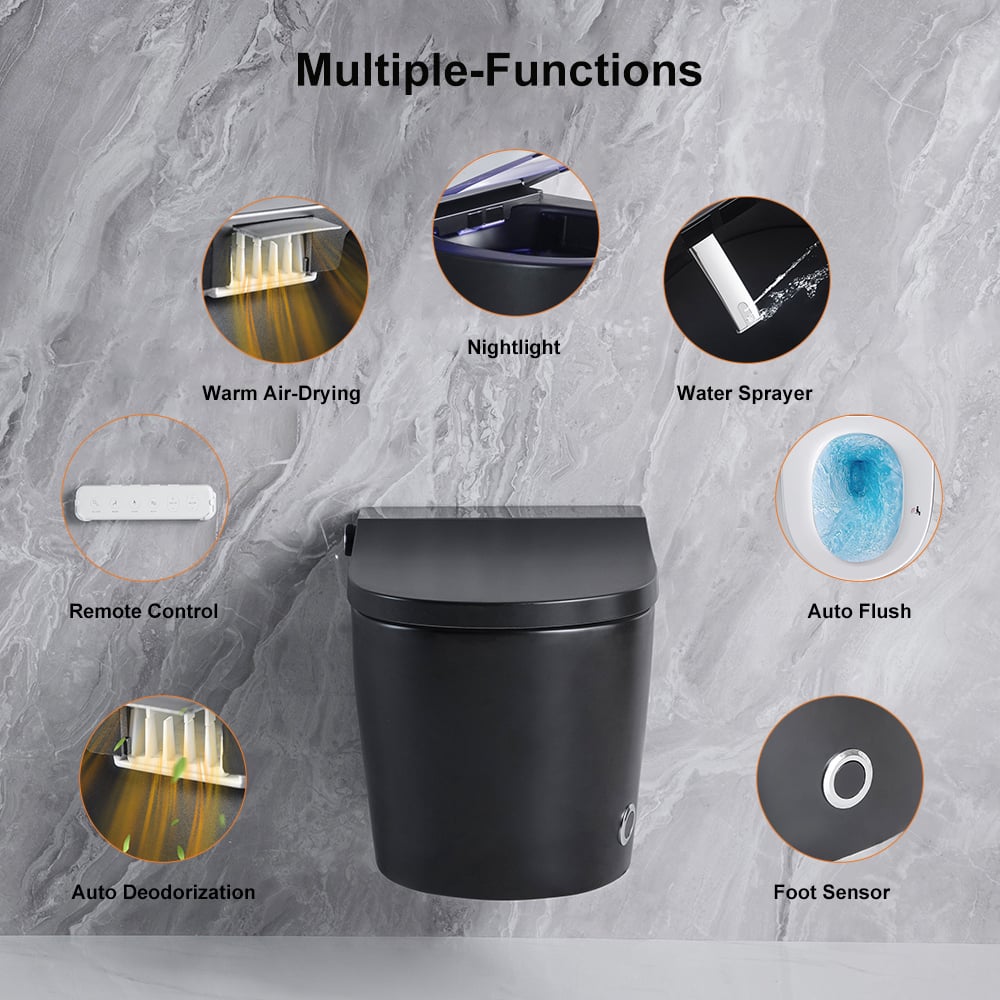 HMR - Set of Two Automatic Wall-Mounted Smart Bidet Toilet with In-Wall Tank Black 1.58 GPF