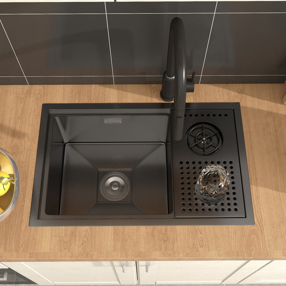 HMR - Drop-in Kitchen Sink With High-pressure Cup Rinser Glass Washer Stainless Steel