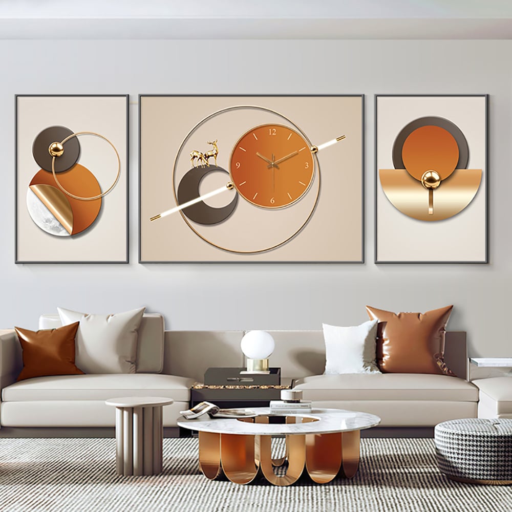 HMR - 3Pcs Geometric Wall Clock Decor Set Modern Canvas Painting Wall Art with Aluminum Frame