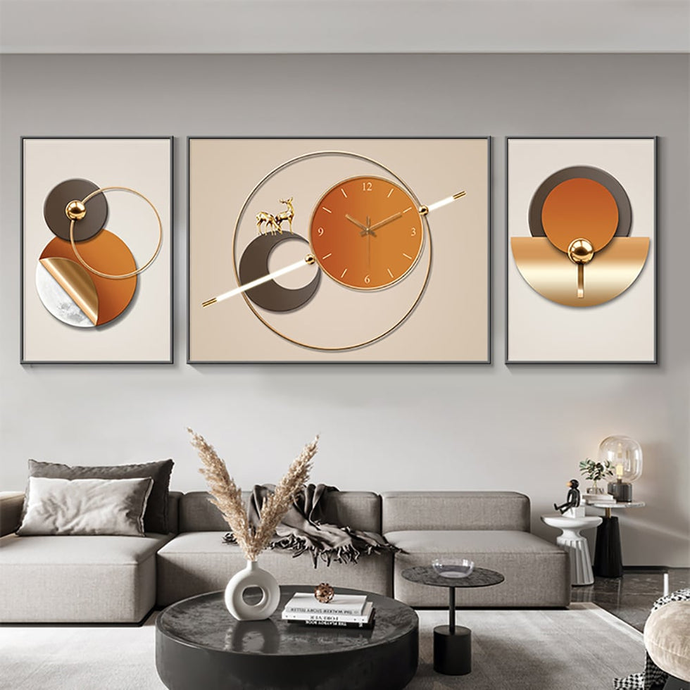 HMR - 3Pcs Geometric Wall Clock Decor Set Modern Canvas Painting Wall Art with Aluminum Frame