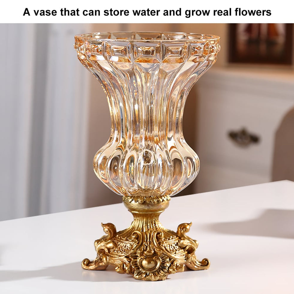 HMR - Retro European Style Golden Crystal Glass Carved Vase Artificial Flowers in Vase Set