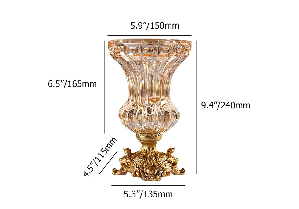 HMR - Retro European Style Golden Crystal Glass Carved Vase Artificial Flowers in Vase Set