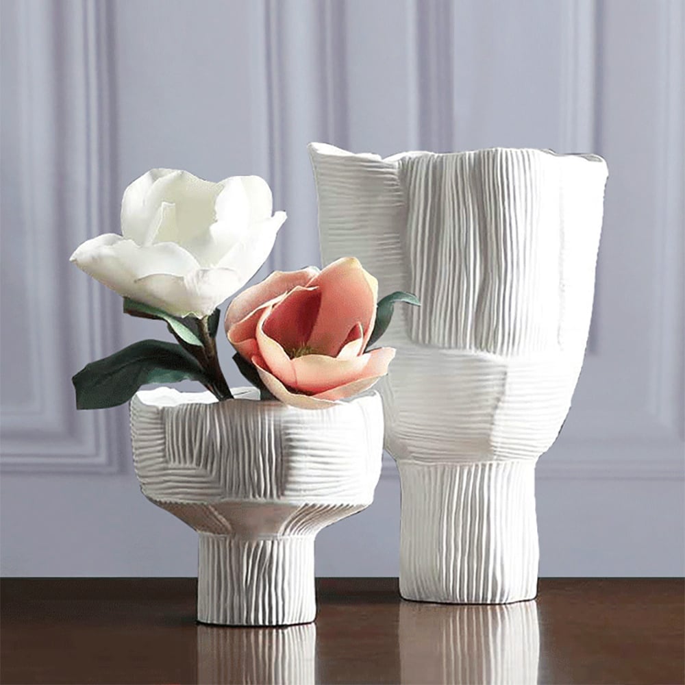 HMR - 2-Pieces Minimalist White Striped Flower Vases Set Resin Vase Decor Living Room Bedroom