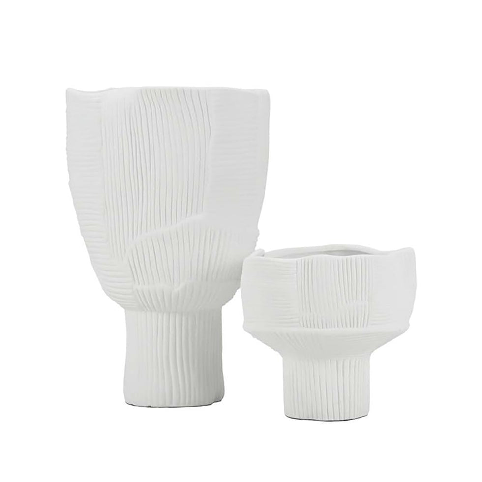 HMR - 2-Pieces Minimalist White Striped Flower Vases Set Resin Vase Decor Living Room Bedroom