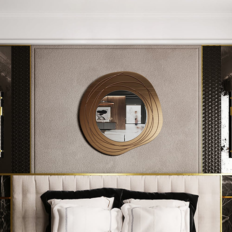 HMR - 31.5" Gold Framed Metal Round Wall Mirror with Abstract Lines Decoration
