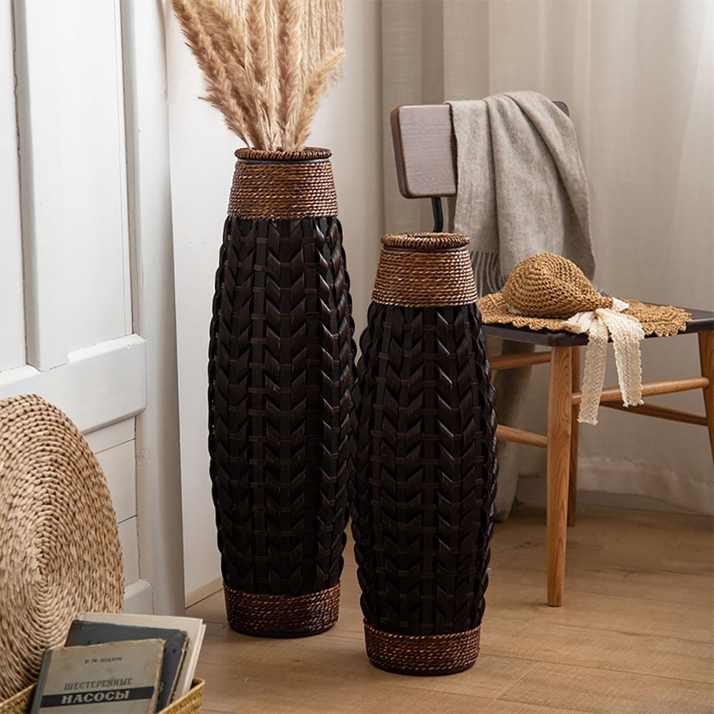 HMR - Rustic Tall Woven Bamboo Rattan Standing Floor Vase Decor Art Living Room