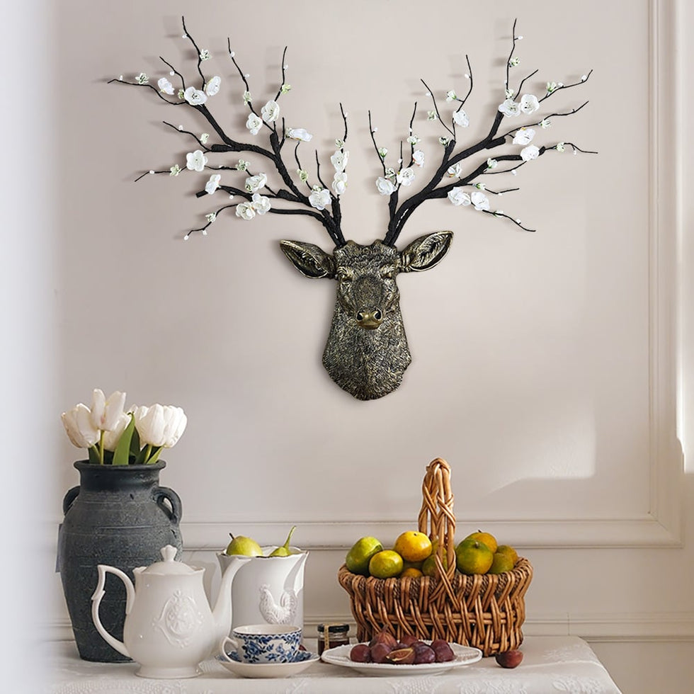 HMR - Antique Bronze Deer Head Wall Decor White Cherry Blossom Artificial Flower Arrangement
