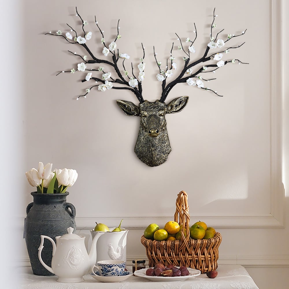 HMR - Antique Bronze Deer Head Wall Decor White Cherry Blossom Artificial Flower Arrangement