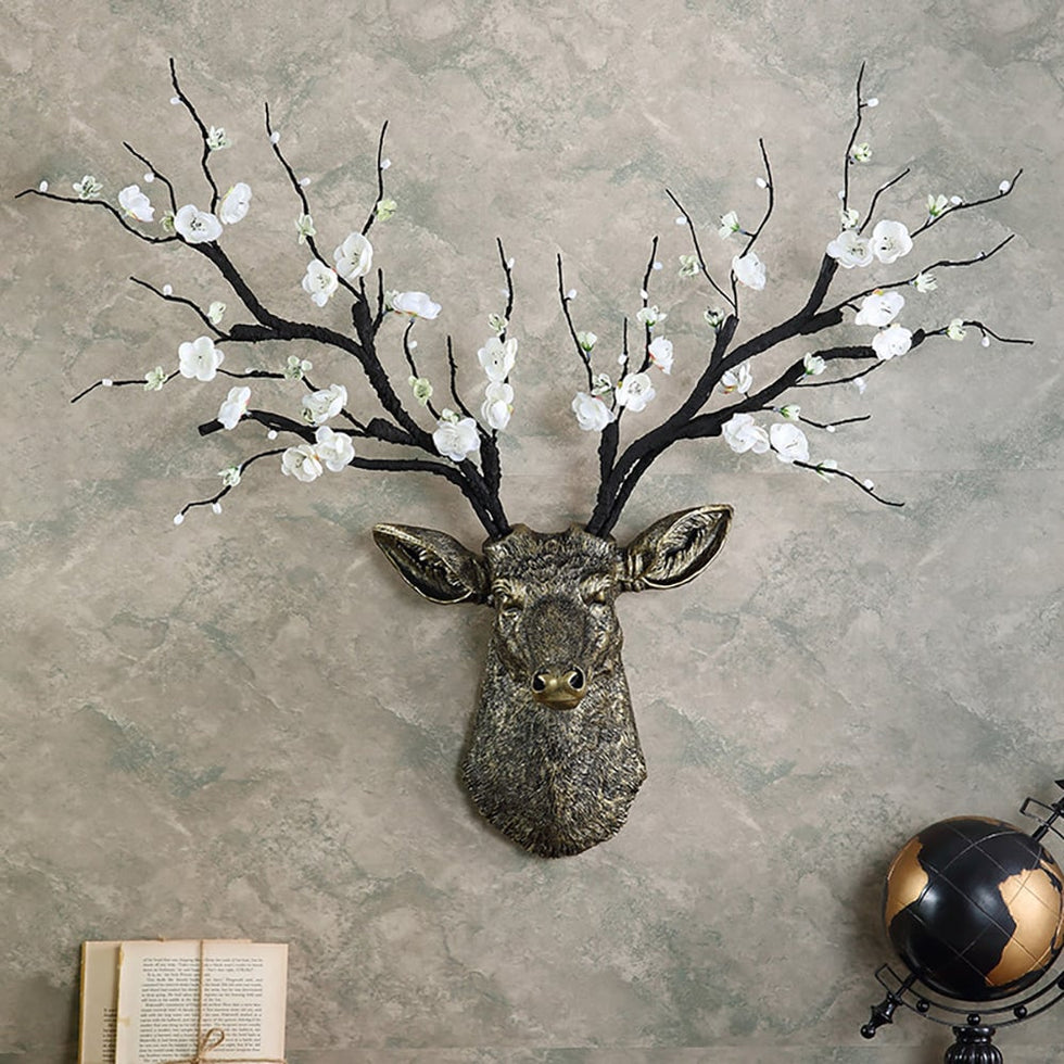 HMR - Antique Bronze Deer Head Wall Decor White Cherry Blossom Artificial Flower Arrangement