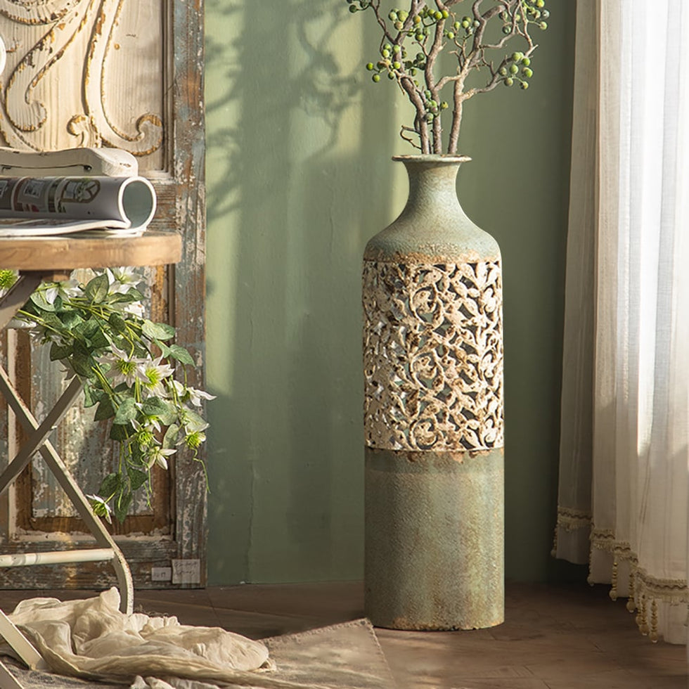HMR - French Country Large Metal Floor Vase Tall Home Geometric Decor Art
