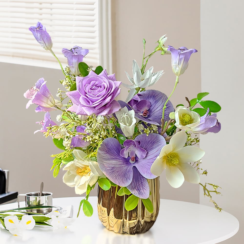 HMR - Purple Artificial Flower Arrangement in Gold Vase Fake Flower Dining Table Centerpiece